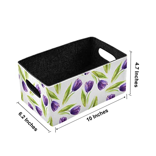 CaTaKu Purple Tulip Flower Collapsible Storage Bins 2 Pack Foldable Felt Storage Basket Organizer Boxes Containers with Handles for Cube Closet Shelves Clothes Towels