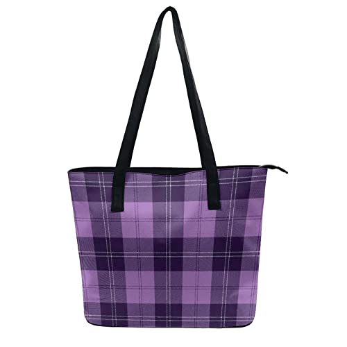 Women's Waterproof Big Shoulder Commuter Bag Large Capacity Work Tote Bags Leather Big Purses And Handbags Ladies Compatible with Purple Tartan Plaid Scottish Pattern