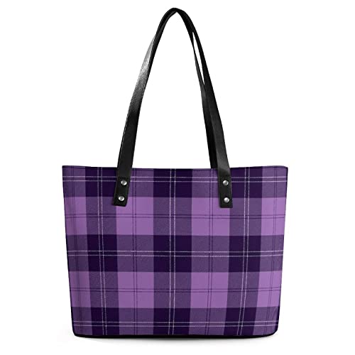 Women's Waterproof Big Shoulder Commuter Bag Large Capacity Work Tote Bags Leather Big Purses And Handbags Ladies Compatible with Purple Tartan Plaid Scottish Pattern