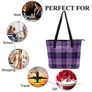 Women's Waterproof Big Shoulder Commuter Bag Large Capacity Work Tote Bags Leather Big Purses And Handbags Ladies Compatible with Purple Tartan Plaid Scottish Pattern