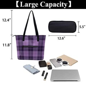 Women's Waterproof Big Shoulder Commuter Bag Large Capacity Work Tote Bags Leather Big Purses And Handbags Ladies Compatible with Purple Tartan Plaid Scottish Pattern