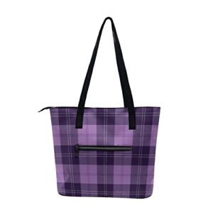 Women's Waterproof Big Shoulder Commuter Bag Large Capacity Work Tote Bags Leather Big Purses And Handbags Ladies Compatible with Purple Tartan Plaid Scottish Pattern