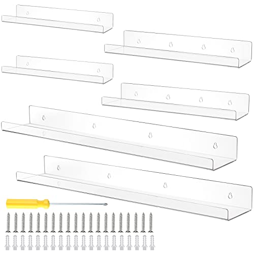 Tuanse 6 Pieces Clear Acrylic Floating Shelves Wall Mounted U Shelves Display Shelves Floating Bookshelf Wall Display Bookshelves for Room Display Storage (36 Inch, 24 Inch, 15 Inch)