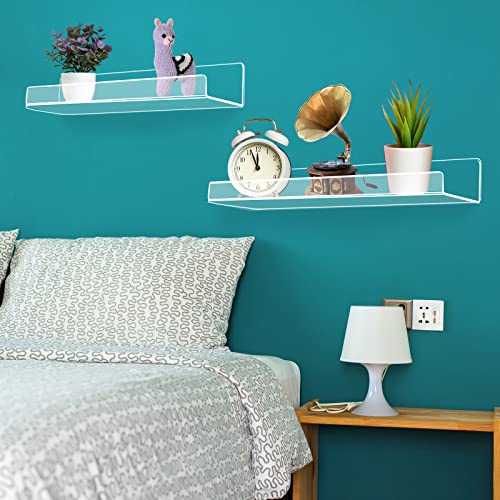 Tuanse 6 Pieces Clear Acrylic Floating Shelves Wall Mounted U Shelves Display Shelves Floating Bookshelf Wall Display Bookshelves for Room Display Storage (36 Inch, 24 Inch, 15 Inch)