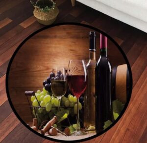 wine style round area rug floor kitchen carpet, glasses of red and white wine served with grapes french gourmet tasting decorative, washable indoor doormat pad home decor
