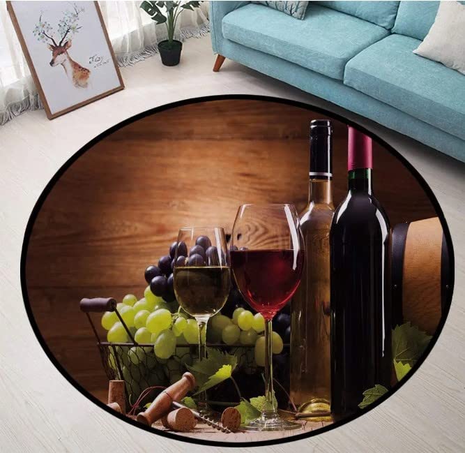 Wine Style Round Area Rug Floor Kitchen Carpet, Glasses of Red and White Wine Served with Grapes French Gourmet Tasting Decorative, Washable Indoor Doormat Pad Home Decor