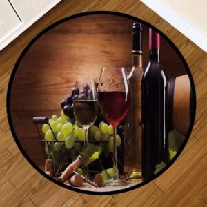 Wine Style Round Area Rug Floor Kitchen Carpet, Glasses of Red and White Wine Served with Grapes French Gourmet Tasting Decorative, Washable Indoor Doormat Pad Home Decor