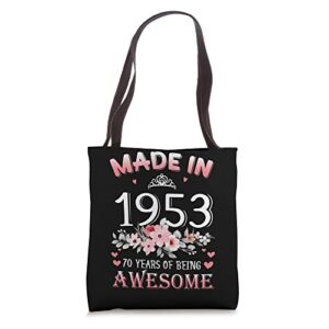 70 year old vintage made in 1953 70th flowers birthday gifts tote bag