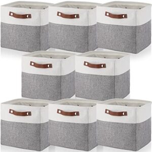 8 pack foldable storage cubes baskets, fabric cube storage bins collapsible storage basket with leather handles for toy clothes kids room closet nursery storage (gray)