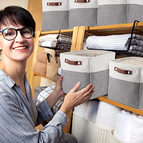 8 Pack Foldable Storage Cubes Baskets, Fabric Cube Storage Bins Collapsible Storage Basket with Leather Handles for Toy Clothes Kids Room Closet Nursery Storage (Gray)