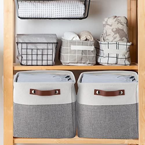 8 Pack Foldable Storage Cubes Baskets, Fabric Cube Storage Bins Collapsible Storage Basket with Leather Handles for Toy Clothes Kids Room Closet Nursery Storage (Gray)