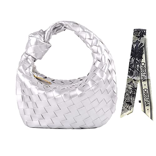 Women Kontted Woven Bag Handbag Hobo Bag Leather Woven Fashion Designer Ladies Clutch Purse Dumpling Shoulder Bag for Women (Silver)