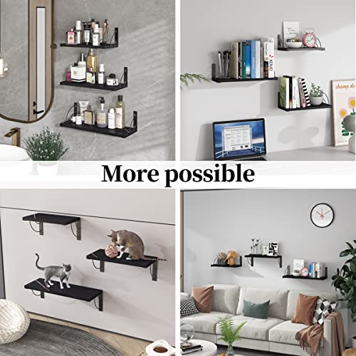 PlantsHome Fun Floating Shelves Wall Mounted, Rustic Wood Wall Shelf with Metal Bracket for Bedroom, Living Room, Bathroom, Kitchen, Office Laundry Room Storage and Decoration (Marble Black)