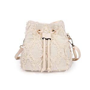 jbb bucket bags for women mini crossbody purse denim fringe hobo shoulder handbag drawstring tote bag white