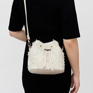 JBB Bucket Bags for Women Mini Crossbody Purse Denim Fringe Hobo Shoulder Handbag Drawstring Tote Bag White