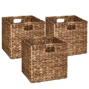 IsVie Woven Hyacinth Storage Baskets 3 Pack, Rectangle Storage Container Organizer Baskets with Built-in Handles Home Organizing Laundry Organizer Cube Baskets (Brown, Set of 3)