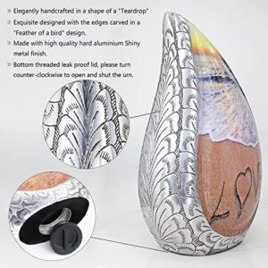 M MEILINXU Teardrop Decorative Urns, Funeral Cremation Urns for Human Ashes - Display at Home or in Niche at Columbarium, Engraved Aluminum Urns for Ashes Adult Female & Male, Beach & Love - Large