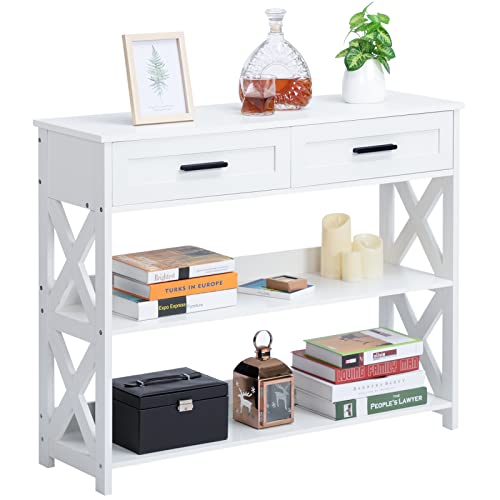 ALIMORDEN 3-Tier Narrow Console Table, 2 Drawers and 2 Storage Sofa Table Shelves for Hallway, Entrance, Living Room, White