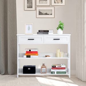 ALIMORDEN 3-Tier Narrow Console Table, 2 Drawers and 2 Storage Sofa Table Shelves for Hallway, Entrance, Living Room, White