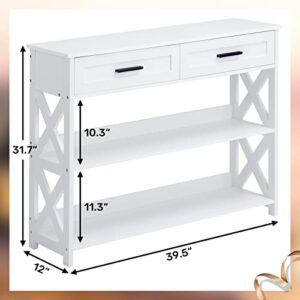 ALIMORDEN 3-Tier Narrow Console Table, 2 Drawers and 2 Storage Sofa Table Shelves for Hallway, Entrance, Living Room, White