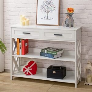 ALIMORDEN 3-Tier Narrow Console Table, 2 Drawers and 2 Storage Sofa Table Shelves for Hallway, Entrance, Living Room, White