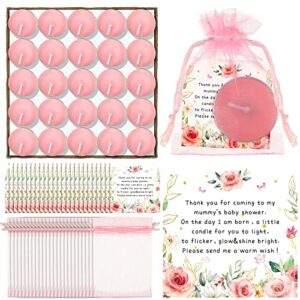 100 sets baby shower favors for guests 100 pcs pink tea light candles for guests baby shower candles tealight with 100 thank tags and 100 return gift bags for baby gender reveal party