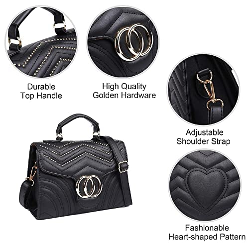 Quilted Crossbody Bags for Women Leather Shoulder Purse with Rivets Vegan Top Handle Satchel Bag lady Black