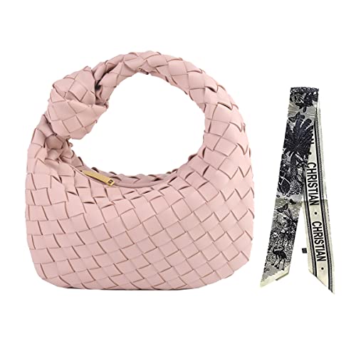 Women Kontted Woven Bag Handbag Hobo Bag Leather Woven Fashion Designer Ladies Clutch Purse Dumpling Shoulder Bag for Women (Pink)