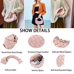 Women Kontted Woven Bag Handbag Hobo Bag Leather Woven Fashion Designer Ladies Clutch Purse Dumpling Shoulder Bag for Women (Pink)