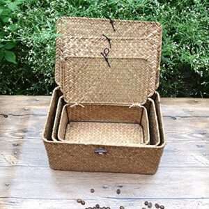 Seaweed Storage Basket Handwoven Storage Box with Lid Cosmetic Storage Box Laundry Basket Wicker Basket Storage Basket Box Wicker(L,Natural)