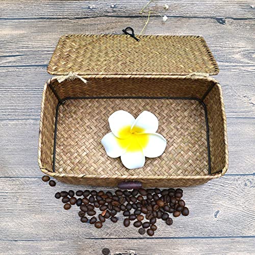 Seaweed Storage Basket Handwoven Storage Box with Lid Cosmetic Storage Box Laundry Basket Wicker Basket Storage Basket Box Wicker(L,Natural)