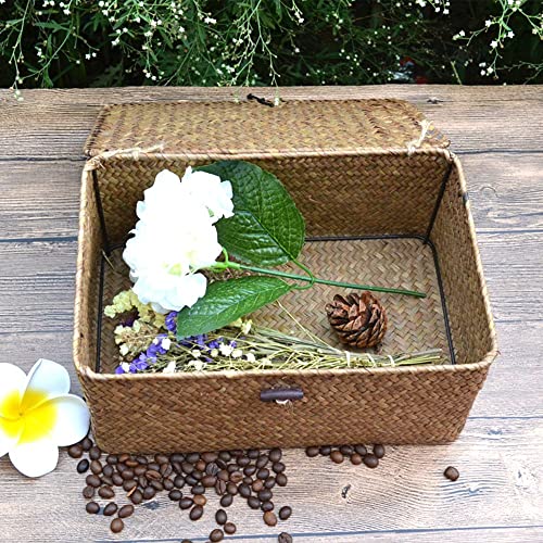 Seaweed Storage Basket Handwoven Storage Box with Lid Cosmetic Storage Box Laundry Basket Wicker Basket Storage Basket Box Wicker(L,Natural)