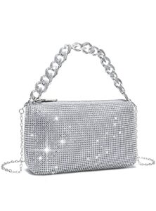 yikoee sparkly rhinestone clutch purse evening bag for women with chunky chain (silver)