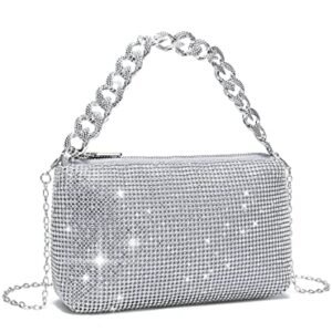 YIKOEE Sparkly Rhinestone Clutch Purse Evening Bag for Women with Chunky Chain (Silver)