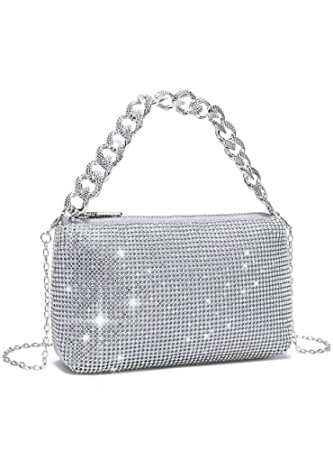 YIKOEE Sparkly Rhinestone Clutch Purse Evening Bag for Women with Chunky Chain (Silver)