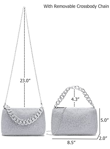 YIKOEE Sparkly Rhinestone Clutch Purse Evening Bag for Women with Chunky Chain (Silver)