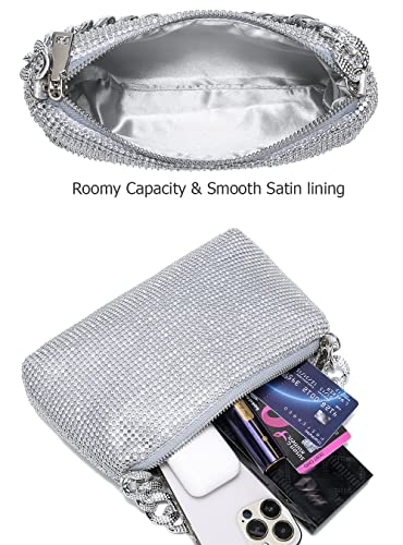 YIKOEE Sparkly Rhinestone Clutch Purse Evening Bag for Women with Chunky Chain (Silver)