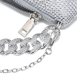 YIKOEE Sparkly Rhinestone Clutch Purse Evening Bag for Women with Chunky Chain (Silver)