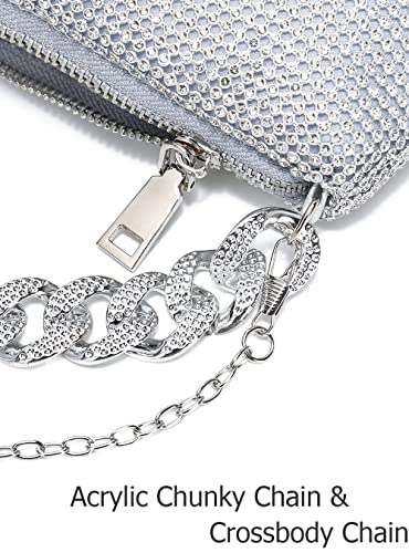 YIKOEE Sparkly Rhinestone Clutch Purse Evening Bag for Women with Chunky Chain (Silver)