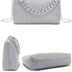 YIKOEE Sparkly Rhinestone Clutch Purse Evening Bag for Women with Chunky Chain (Silver)