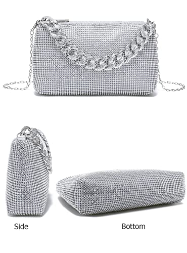 YIKOEE Sparkly Rhinestone Clutch Purse Evening Bag for Women with Chunky Chain (Silver)