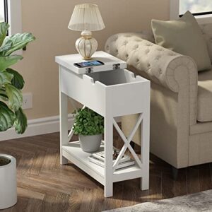 choochoo end table, narrow flip top side table for small spaces, bedside table with open storage shelf, nightstand sofa table for living room, bedroom white