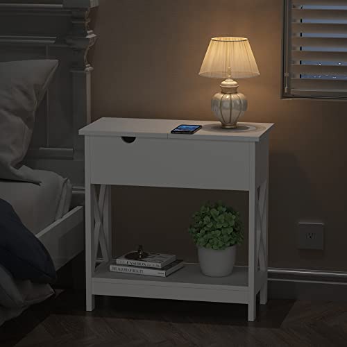 ChooChoo End Table, Narrow Flip Top Side Table for Small Spaces, Bedside Table with Open Storage Shelf, Nightstand Sofa Table for Living Room, Bedroom White