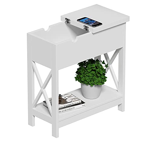 ChooChoo End Table, Narrow Flip Top Side Table for Small Spaces, Bedside Table with Open Storage Shelf, Nightstand Sofa Table for Living Room, Bedroom White