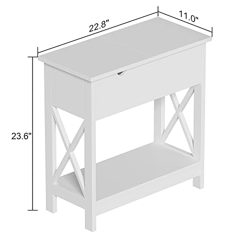 ChooChoo End Table, Narrow Flip Top Side Table for Small Spaces, Bedside Table with Open Storage Shelf, Nightstand Sofa Table for Living Room, Bedroom White