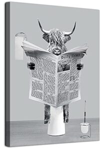 yaoliyu bathroom decor highland cow wall art,cow reading newspaper on toilet canvas prints black and white cow picture funny farmhouse wall decor stretched and framed ready to hang 12x16inch