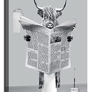 Yaoliyu Bathroom Decor Highland Cow Wall Art,Cow Reading Newspaper on Toilet Canvas Prints Black and White Cow Picture Funny Farmhouse Wall Decor Stretched and Framed Ready to Hang 12x16inch