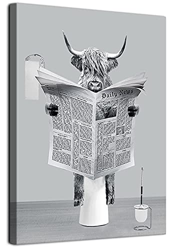 Yaoliyu Bathroom Decor Highland Cow Wall Art,Cow Reading Newspaper on Toilet Canvas Prints Black and White Cow Picture Funny Farmhouse Wall Decor Stretched and Framed Ready to Hang 12x16inch