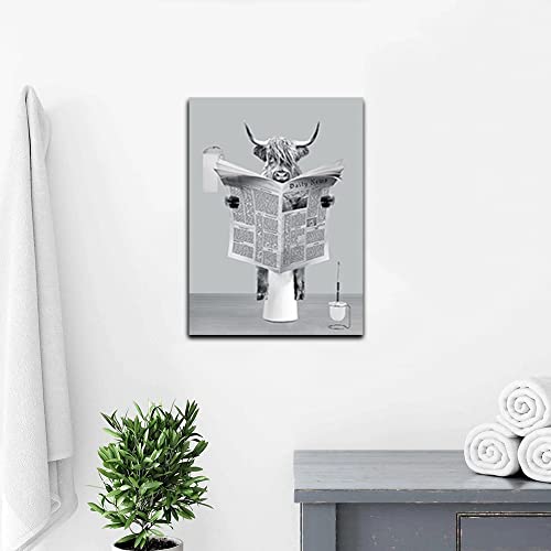 Yaoliyu Bathroom Decor Highland Cow Wall Art,Cow Reading Newspaper on Toilet Canvas Prints Black and White Cow Picture Funny Farmhouse Wall Decor Stretched and Framed Ready to Hang 12x16inch