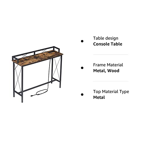 VECELO 39.4" Couch Side & Console Table with 2 Outlet and 2 USB Ports, Narrow Entryway Furniture with Baffle, Extra Long 9.8 Feet Power Cord and Rest Rails, 39.42" L x 11.8”W x 31.5" H, Brown